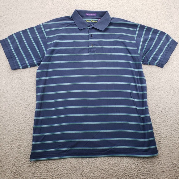 Alan Flusser‎ Shirt Mens Large Blue Striped Polo Golf Short Sleeve Classiccore - Picture 1 of 10